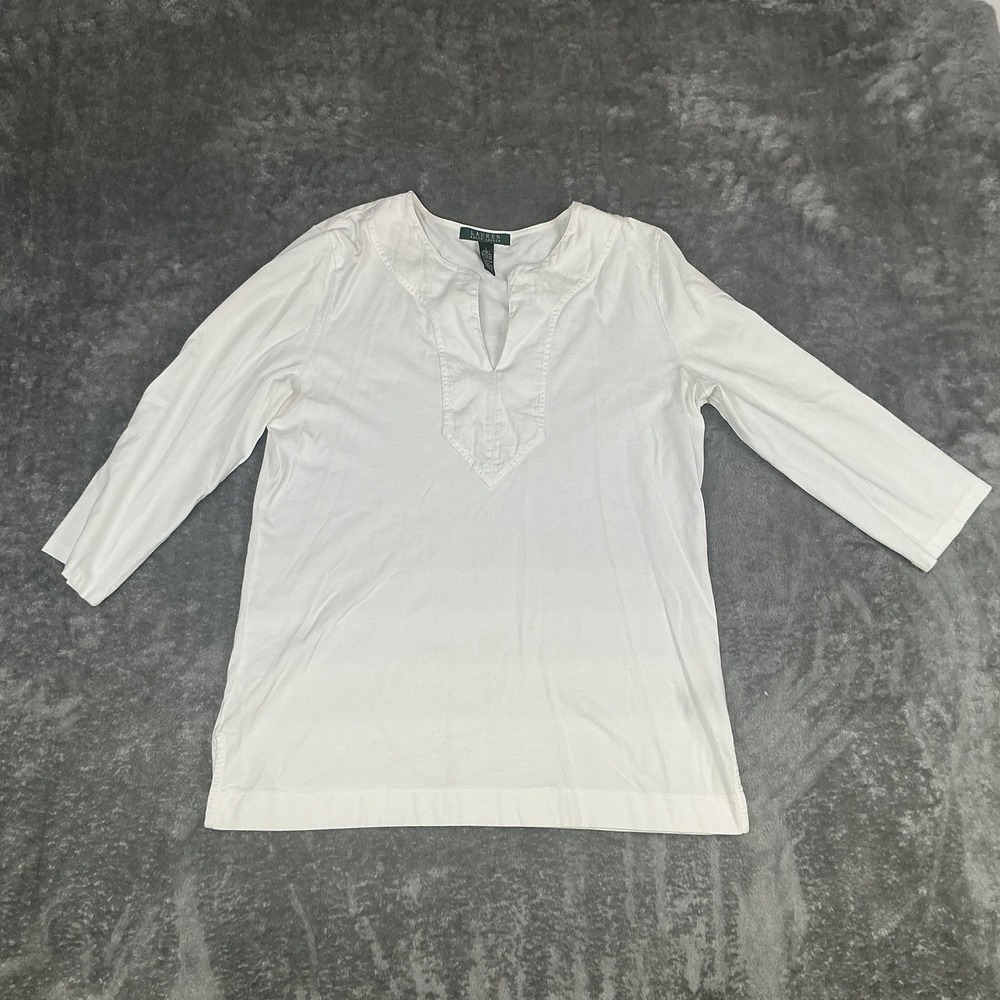 LAUREN Ralph Lauren Women's 3/4 Sleeve Split Neck White Cotton Top size Large